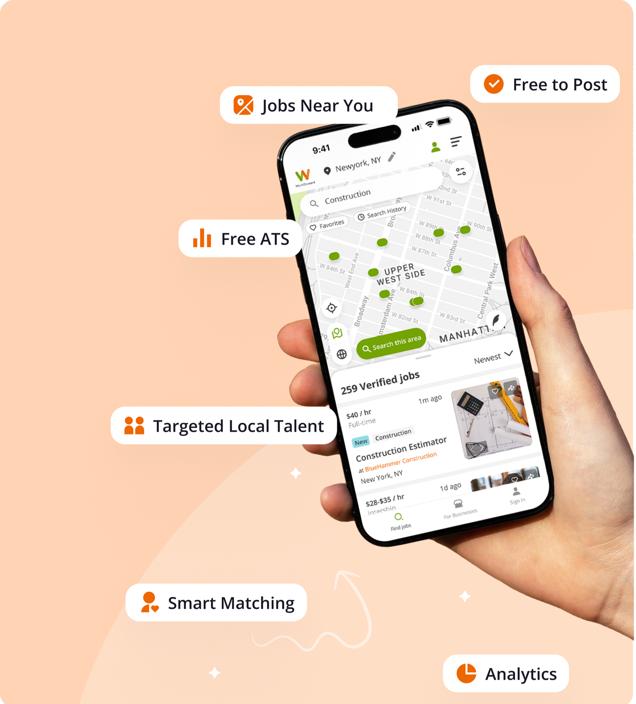 Local business owner posting jobs and hiring nearby talent on WorkOnward